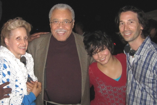 Kathy DiFiore, on whom the movie "Gimme Shelter" is based, poses with stars of the movie James Earl Jones, Vanessa Hudgens and director-writer Ronald Krauss. CNS photo/Roadside Attractions