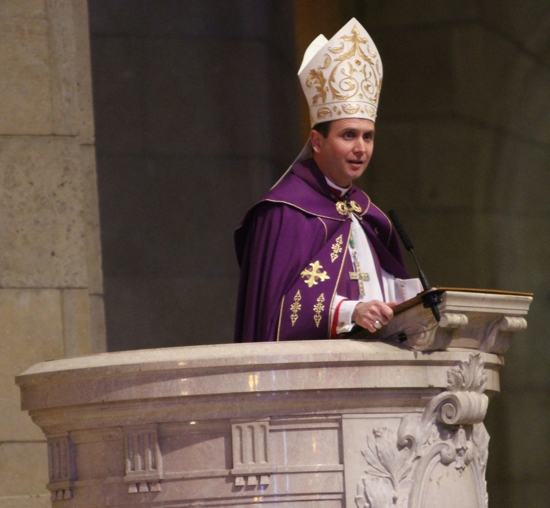 Bishop Andrew Cozzens addresses those attending the prayer service, noting that his own mother, Judy, was advised to have an abortion when she was pregnant with him, due to medical complications.