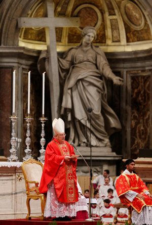 Cardinal Angelo Sodano, dean of the College of Cardinals, presides over the Mass for the election of the Roman pontiff in St. Peter's Basilica at the Vatican March 12. CNS photo/Paul Haring