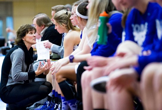 Head Coach Ruth Sinn talks to her players on the sideline during a MIAC basketball game against Augsburg College on January 5, 2013, at Schoenecker Arena in the Anderson Athletic and Recreation Complex. St. Thomas won the game 78-55. Photo courtesy of the University of St. Thomas