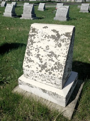 Several markers in the pioneer priest section of Calvary Cemetery in St. Paul, like the one above, are being replaced with granite ones because they have deteriorated so much they are unreadable. The new markers will look like the markers in the background, which were made of more durable granite and have not deteriorated. Dianne Towalski / The Catholic Spirit