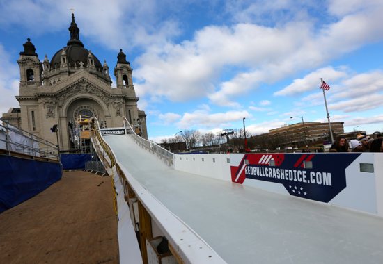 The Cathedral east rose window is directly above the starting line of the Red Bull Crashed Ice course. Dave Hrbacek/The Catholic Spirit