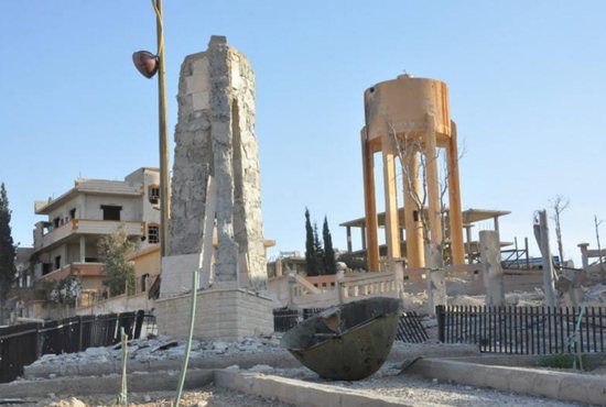 A view shows the damage in the town of Qaryatain, Syria, April 4, after forces loyal to Syrian President Bashar Assad recaptured it. The relics of Syrian St. Elian, which originally were thought to have been destroyed by members of the so-called Islamic State militia, have been found amid the rubble of the desecrated Mar Elian Church in Qaryatain. CNS photo/Syria's national news agency handout via Reuters