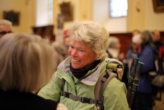 American pilgrim Ann Sieben is seen March 24, a few minutes after her arrival at Quebec City’s Basilica-Cathedral Notre-Dame. As a pilgrim, Sieben walked more than 3,000 miles from her hometown of Denver, arriving just in time for the Easter triduum. CNS photo/Philippe Vaillancourt, Presence