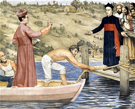 A fresco by local artist Mark Balma in a transcept of the Cathedral of St. Paul depicts Bishop Joseph Cretin arriving by boat in 1851 to take possession of the new Diocese of St. Paul. He is greeted at Pig’s Eye Landing on the Mississippi River by Father Augustin Ravoux, a Native American family and early settlers. The log St. Paul Chapel that would become the diocese’s first cathedral is in the background on the then sparsely populated bluff. Courtesy the Cathedral of St. Paul