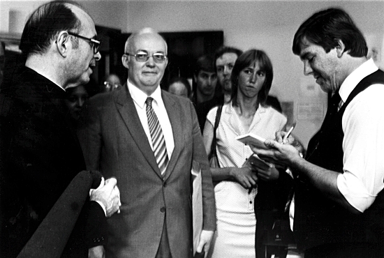 When Cardinal Joseph Bernardin, left, toured the chancery offices with the media after being named Archbishop of Chicago in 1982, he was interviewed by Bob Zyskowski, who was then managing editor of the archdiocesan newspaper, the Chicago Catholic. James Kilcoyne/Chicago Catholic