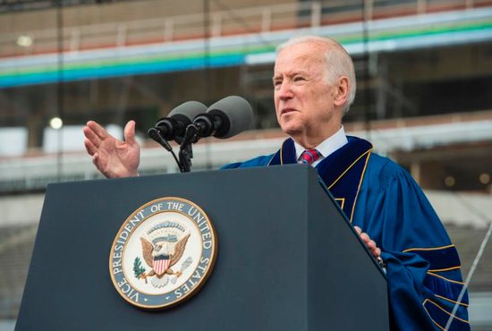 U.S. Vice President Joe Biden delivers an address after receiving the Laetare Medal during the 2016 commencement ceremony May 15 at Notre Dame Stadium in Indiana. CNS photo/Barbara Johnston, University of Notre Dame