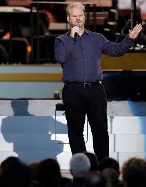 Stand-up comedian Jim Gaffigan is seen in this Sept. 26, 2015, file photo in Philadelphia. The comedian and his wife and writing partner, Jeannie, offered witty banter and some sage advice to more than 1,700 graduates of the class of 2016 during The Catholic University of America's 127th annual commencement May 14. CNS photo/Matt Rourke, EPA via AP pool