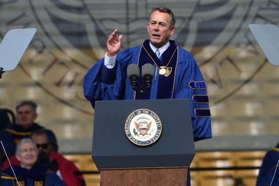 Former House Speaker John Boehner delivers an address after receiving the Laetare Medal during the 2016 commencement ceremony May 15 at Notre Dame Stadium in Indiana. (CNS photo/Barbara Johnston, University of Notre Dame) See NOTRE-DAME-LAETARE May 16, 2016. CNS photo/Barbara Johnston, University of Notre Dame)\