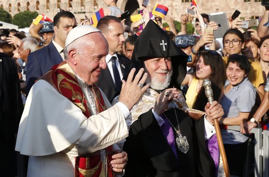 Pope Francis and Catholicos Karekin II, patriarch of the Armenian Apostolic Church, arrive for an ecumenical meeting and prayer for peace in Republic Square in Yerevan, Armenia, June 25. CNS/Paul Haring