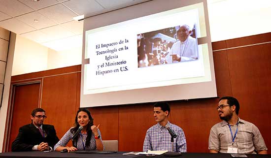 Speakers discuss technology on a panel June 25 during the National Catholic Council for Hispanic Ministry's annual meeting at Catholic Theological Union in Chicago. This year's conference marked the 25th anniversary of the national organization. CNS/Karen Callaway, Catholic New World