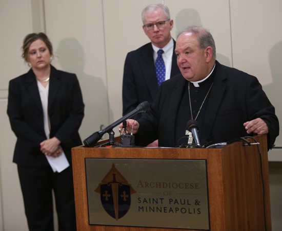 Archbishop Bernard Hebda addresses the media at a press conference July 20 conference announcing that criminal sexual abuse charges filed against the Archdiocese of St. Paul and Minneapolis by Ramsey County have been dismissed. Dave Hrbacek/The Catholic Spirit