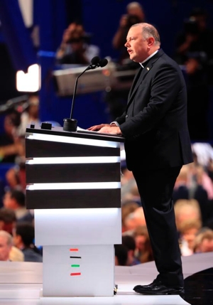 Msgr. Kieran Harrington, vicar of communications for the Diocese of Brooklyn, N.Y., delivers the invocation July 18 during the first day of the 2016 Republican National Convention in Cleveland. CNS photo/Tannen Maury, EPA
