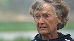Eighty-six-year-old Sister Madonna Buder, a Sister of Christian Community in Spokane, Wash., is seen during a Nike commercial. Known as the "Iron Nun," she has completed 45 triathlons. CNS photo/courtesy Nike