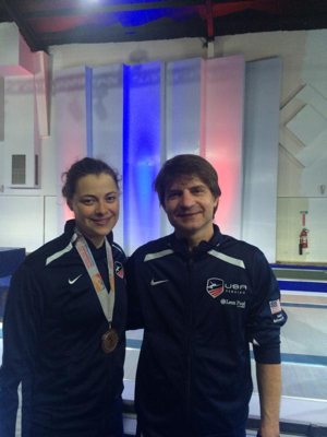 Olympic fencer Katharine Holmes, who grew up in the Washington area and attended the Shrine of the Most Blessed Sacrament in Washington with her family, is shown with her Princeton University fencing coach Zoltan Dudas after winning a bronze medal at the 2016 Pan American Championships in June. She will compete in the 2016 Summer Olympics in Rio de Janeiro. CNS photo/coutesy Catholic Standard