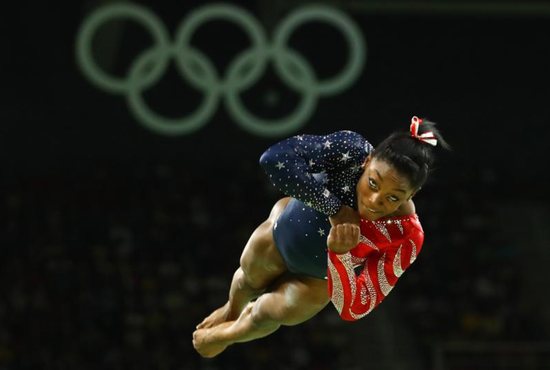 U.S. gymnast Simone Biles, a Catholic, competes on the floor exercise during the Summer Olympics in Rio de Janeiro Aug. 7. CNS photo/Mike Blake, Reuters