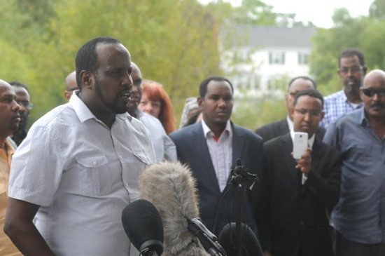Community leader Abdul Kulane speaks during a Sept. 18 news conference organized by the local Somali-American community in St. Cloud, Minn., after a knife-wielding man injured nine people the previous day at a shopping mall. Bishop Donald J. Kettler of St. Cloud called for prayers for those impacted by the violence. CNS photo/Dianne Towalski, The Visitor