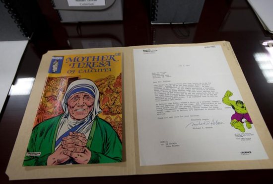 A comic book about Blessed Teresa of Kolkata published by Marvel Comics in 1983 is seen at The Catholic University of America in Washington Aug. 30. CNS photo/Tyler Orsburn