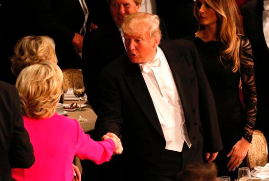 Republican U.S. presidential nominee Donald Trump shakes hands with Democratic presidential nominee Hillary Clinton at the end of the 71st annual Alfred E. Smith Memorial Foundation Dinner at the Waldorf Astoria hotel in New York City Oct. 20. The charity gala, which honors the memory of the former New York Democratic governor who was the first Catholic nominated by a major political party for the U.S. presidency, raises money to support not-for-profit organizations that serve children in need. CNS photo/Gregory A. Shemitz