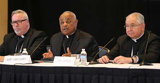 Atlanta Archbishop Wilton Gregory, center, speaks during a news conference Nov. 14 during the annual fall general assembly of the U.S. Conference of Catholic Bishops in Baltimore. At left is Bishop Christopher Coyne of Burlington, Vermont and at right is Archbishop Jose Gomez of Los Angeles. CNS/Bob Roller