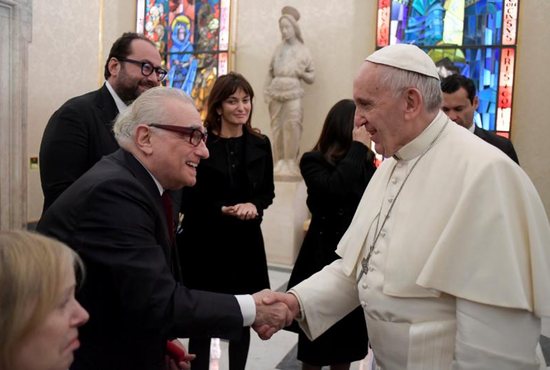 Pope Francis meets U.S. film director Martin Scorsese during a Nov. 30 private audience at the Vatican. The meeting took place the morning after the screening of his film, "Silence," for about 300 Jesuits. CNS photo/L'Osservatore Romano, handout)