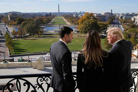 U.S. House Speaker Paul Ryan, R-Wis., shows Melania Trump and U.S. President-elect Donald Trump the Mall from his balcony on Capitol Hill in Washington Nov. 10. CNS/Joshua Roberts, Reuters