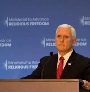U.S. Vice President Mike Pence speaks July 26 at the State Department in Washington during the Ministerial to Advance Religious Freedom.