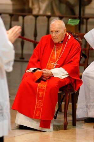 Then-Cardinal Theodore McCarrick attends a Mass in Rome April 11, 2018. The retired archbishop of Washington faces a canonical trial on allegations he sexually abused a minor and seminarians some years ago.