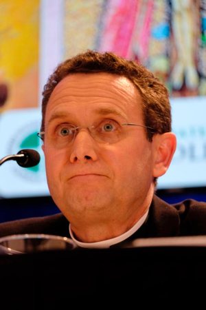 Auxiliary Bishop Andrew H. Cozzens of St. Paul and Minneapolis speaks during a news conference Nov. 13 at the fall general assembly of the U.S. Conference of Catholic Bishops in Baltimore.