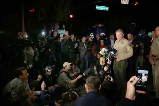 Ventura County sheriff Geoff Dean addresses the media Nov. 8 outside the Borderline Bar and Grill in Thousand Oaks, Calif., after a gunman killed at least 13 people. The gunman, who opened fire without warning late Nov. 7, was found dead inside the establishment, authorities said.