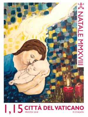 An image of Mary holding the child Jesus is featured on one of the Vatican's 2018 Christmas stamps.