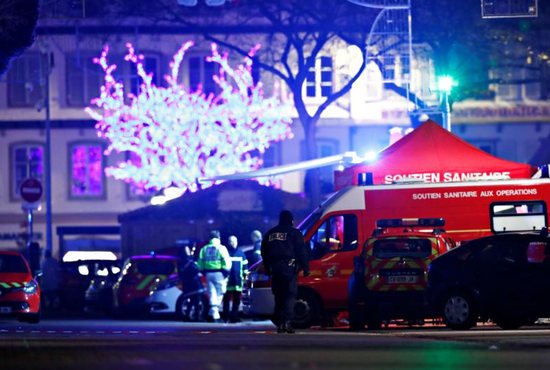 Police work at the scene early Dec. 12 after a shooting at the Christkindelsmaerik (Christ Child market) in Strasbourg, France. At least two people were killed while one person was left brain dead and at least a dozen others were injured after a gunman attacked the market Dec. 11, authorities said. 