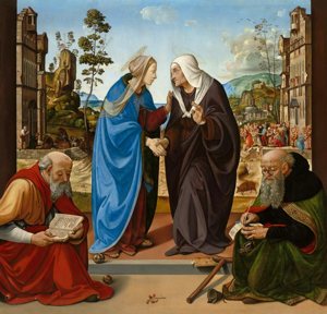 Mary and Elizabeth are depicted in a 15th-century oil painting by Piero di Cosimo. The title of the painting is "The Visitation with St. Nicholas and St. Anthony Abbot."