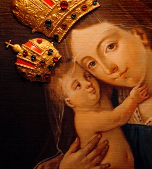 Mary and the Christ Child are depicted in this detail view of the painting of Our Lady of Brezje at the Basilica of the National Shrine of the Immaculate Conception in Washington. 