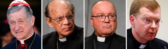 A composite photo shows the members of the organizing committee for the Feb. 21-24 Vatican meeting on the protection of minors in the church. From left are Cardinal Blase J. Cupich of Chicago; Cardinal Oswald Gracias of Mumbai, India; Archbishop Charles Scicluna of Malta, adjunct secretary of the Congregation for the Doctrine of the Faith; and Jesuit Father Hans Zollner, president of the Centre for the Protection of Minors at the Pontifical Gregorian University and a member of the Pontifical Commission for the Protection of Minors.