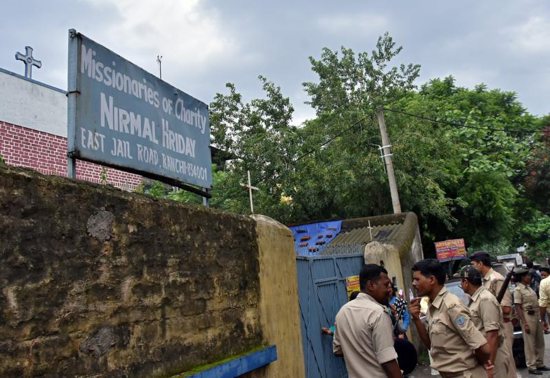 Indian police stand outside the premises of the Missionaries of Charity home in Ranchi, where Sister Concilia was arrested July 5, 2018, on suspicion of child trafficking. On Jan. 29 the Indian Supreme Court rejected bail for the nun, who has not yet been charged. 