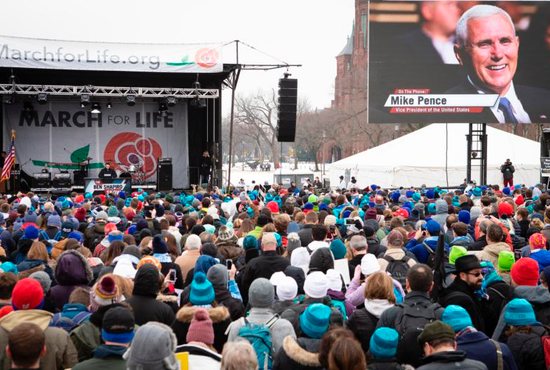 Vice President Mike Pence is introduced by Ben Shapiro, editor-in-chief of The Daily Wire, during the annual March for Life rally in Washington Jan. 18, 2019.