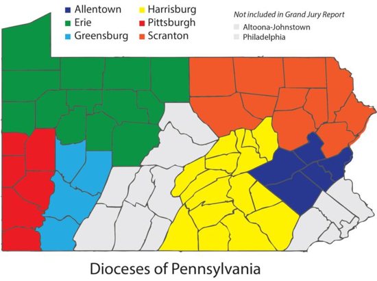 This is a map of Pennsylvania showing the six Catholic dioceses covered by a grand jury report on an investigation of abuse claims made in those dioceses. The report covers a span of more than 70 years.