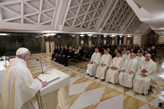 Pope Francis delivers the homily as he celebrates morning Mass in the chapel of his residence, the Domus Sanctae Marthae, at the Vatican Jan. 8. 