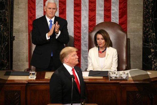 U.S. Vice President Mike Pence applauds and House Speaker Nancy Pelosi, D-Calif., looks on as President Donald Trump delivers his second State of the Union address Feb. 5, 2019, at the Capitol in Washington. During his speech Trump urged Congress to pass legislation that bans late-term abortion. 