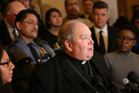 Archbishop Bernard Hebda talks at a Feb. 21 news conference at the State Capitol in St. Paul in support of legislation that would allow undocumented immigrants to apply for driver's licenses.