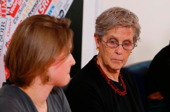Barbara Dorris, an abuse survivor and former executive director of Survivors Network of those Abused by Priests, attends a news conference at the Foreign Press Club in Rome Feb. 19, 2019. At left is Zuzanna Flisowska. The news conference was held to talk about the abuse of women as the Vatican prepares for its Feb. 21-24 meeting on the protection of minors in the church. 