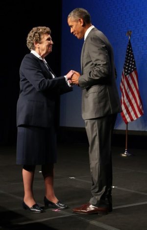 Sister Carol Keehan, a Daughter of Charity who is president and CEO of the Catholic Health Association, greets U.S. President Barack Obama June 9, 2015, in Washington during CHA's annual assembly.