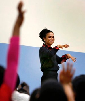 Actress Lauren Teruel Ridloff, a Tony Award nominee and currently a star of "The Walking Dead" series on AMC, visits her elementary school alma mater in Chicago Feb. 22, 2019. The deaf actress graduated in 1991 from Holy Trinity School for the Deaf, now called Children of Peace School.