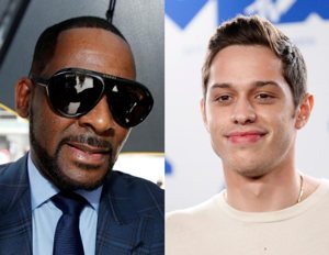 R. Kelly, left, and Pete Davidson are seen in this composite photo. Davidson said March 9 during a "Saturday Night Live" skit that supporters of the Catholic Church are like R. Kelly fans, linking the church's global sex abuse crisis to the the R&B singer facing charges of criminal sex abuse of minors.