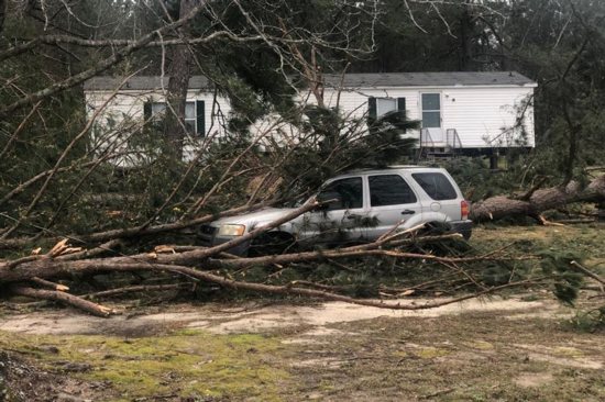 A tree is seen on top of a car March 4, 2019, following a tornado near Beauregard, Ala., the previous day. At least 23 people were confirmed dead in Lee County, Ala.