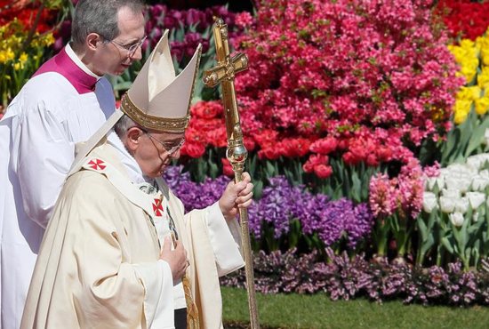Pope Francis walks past flowers as he leaves Easter Mass in St. Peter's Square at the Vatican April 20, 2014.