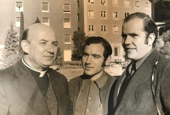 Bishop Enrique Angelelli Carletti of La Rioja, Argentina, is shown in a 1974 photo taken in Germany with two collaborators from his rural movement ministry, which promoted co-ops for small farmers. The bishop's vehicle was run off the road by assassins in 1976. 