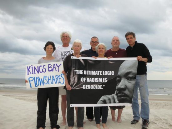 Seven Catholics who call themselves the Kings Bay Plowshares are seen April 4, 2018, before they entered the Naval Submarine Base Kings Bay in Georgia to protest nuclear weapons. They were arrested and charged with conspiracy, trespass, and destruction and depradation of property. Patrick O'Neill, second from left, Martha Hennessy, third from left, and Carmen Trotta, right, have been released on bond. The other four decided not to bond out and remain in a detention facility n Brunswick, Ga. 