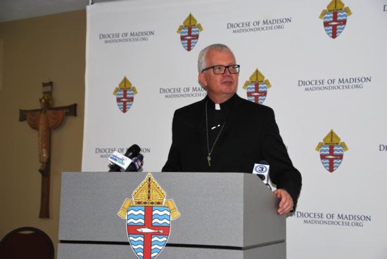 Bishop Donald Hying addresses the media during a news conference in Madison, Wis., April 25, 2019, after Pope Francis named him bishop of the diocese that day. Bishop Hying, 55, a native of Wisconsin, had served as bishop of Gary, Ind., since 2015.